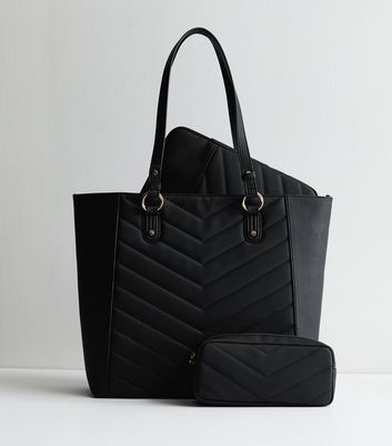 Black Quilted Tote Bag Trio Set New Look