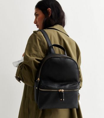 Black Leather Look Pocket Front Midi Backpack