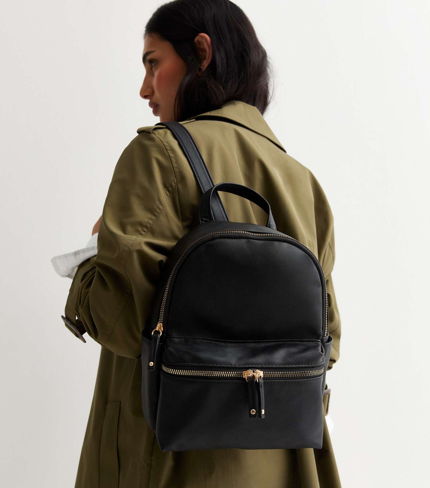 Black Leather-Look Pocket Front Midi Backpack Image 2