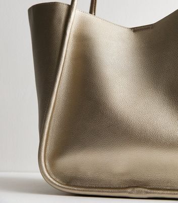 Gold Leather Look Slouchy Duo Tote Bag New Look