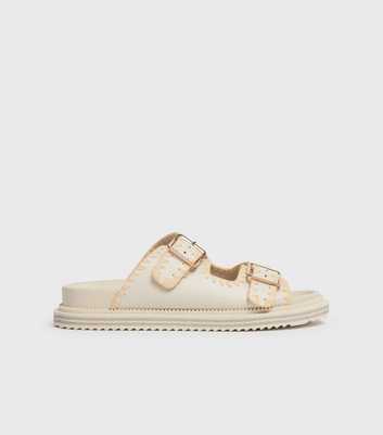 London Rebel White Leather-Look Double Buckle Strap Sliders