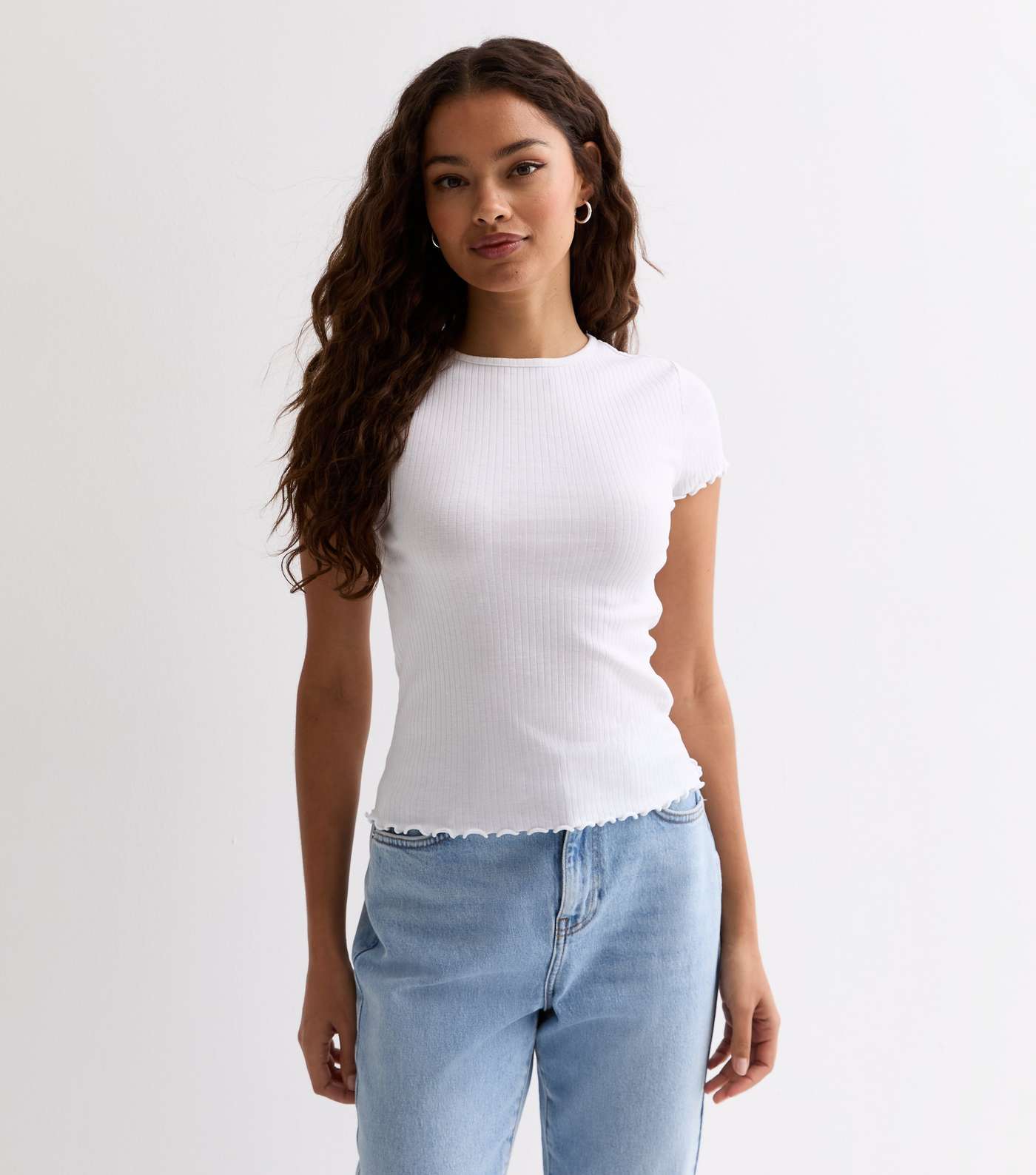Petite White Ribbed Frill Sleeve T-Shirt Image 2