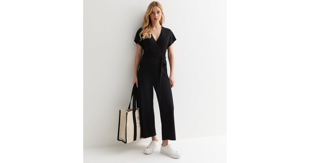 Black Ribbed Jersey Wrap Wide Leg Jumpsuit | New Look