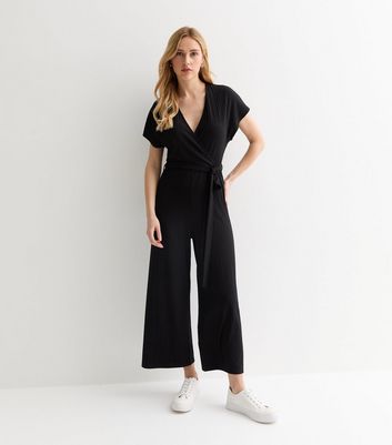 Black Ribbed Jersey Wrap Wide Leg Jumpsuit New Look