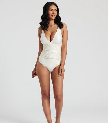 South Beach Cream Shimmer Tummy Control Swimsuit New Look