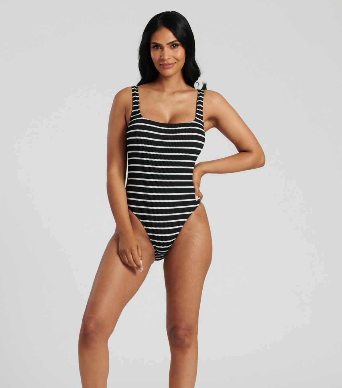 Women's Black Stripe Textured Scoop Neck Swimsuit South Beach New Look