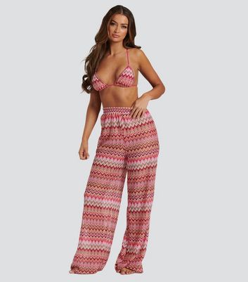 South Beach Pink Crochet Stripe Beach Trousers New Look