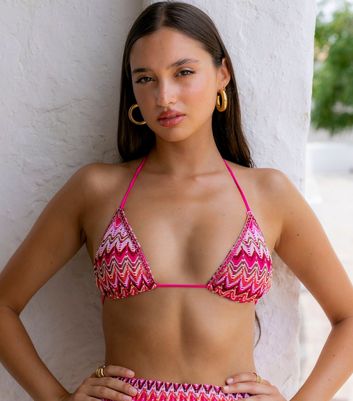 South Beach Pink Crochet Triangle Bikini Top New Look