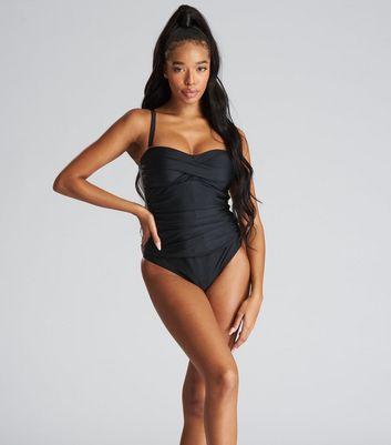 South Beach Black Twist Front Shaping High Leg Swimsuit New Look