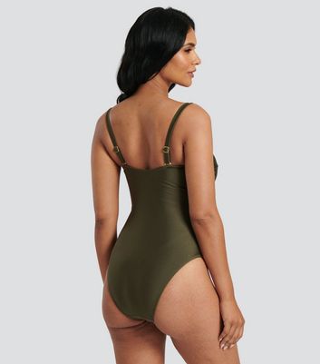 South Beach Green Twist Front Shaping High Leg Swimsuit New Look