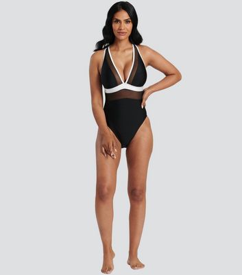 South Beach Mesh Plunge High Leg Swimsuit New Look