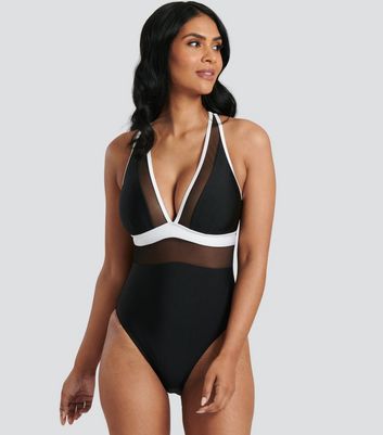 South Beach Mesh Plunge High Leg Swimsuit New Look