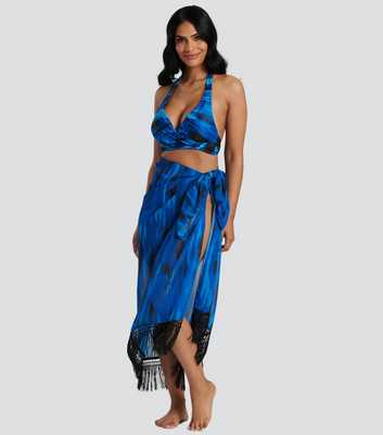 South Beach Blue Abstract Print Fringed Tie Side Sarong
