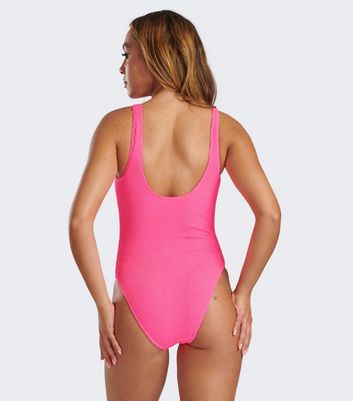 South Beach Pink Crinkle Scoop-Neck Swimsuit New Look