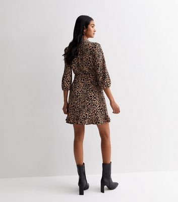 Brown Leopard Print Belted Ruffle Hem Mini Shirt Dress New Look