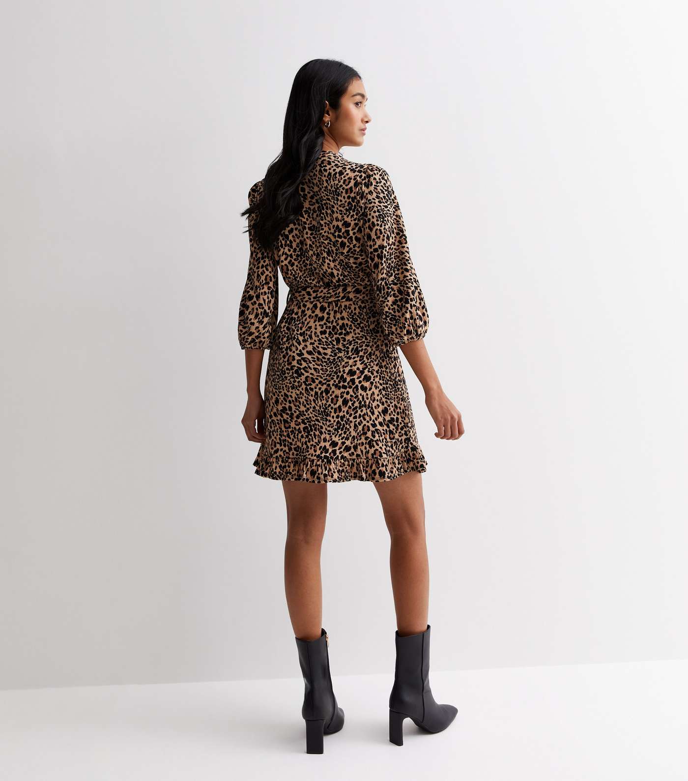 Brown Leopard Print Belted Ruffle Hem Mini Shirt Dress Image 4