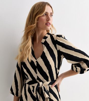 Brown Stripe Belted Ruffle Hem Mini Shirt Dress