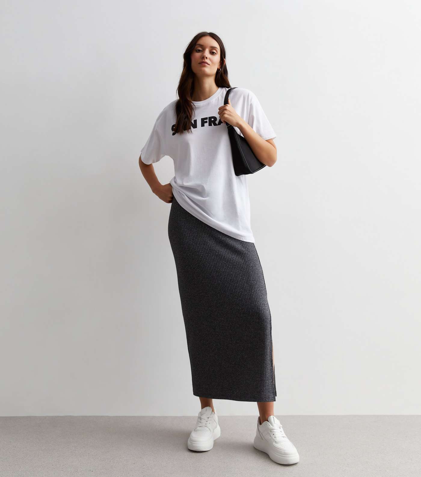 Dark Grey Ribbed Split Hem Midi Skirt Image 3