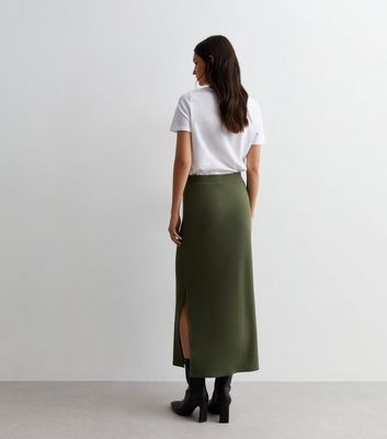 Khaki Ribbed Split Hem Midi Skirt New Look