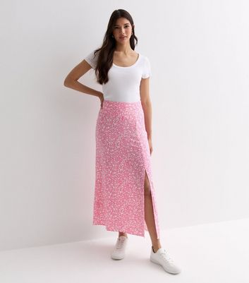 Pink Ditsy Floral Split Hem Midi Skirt New Look