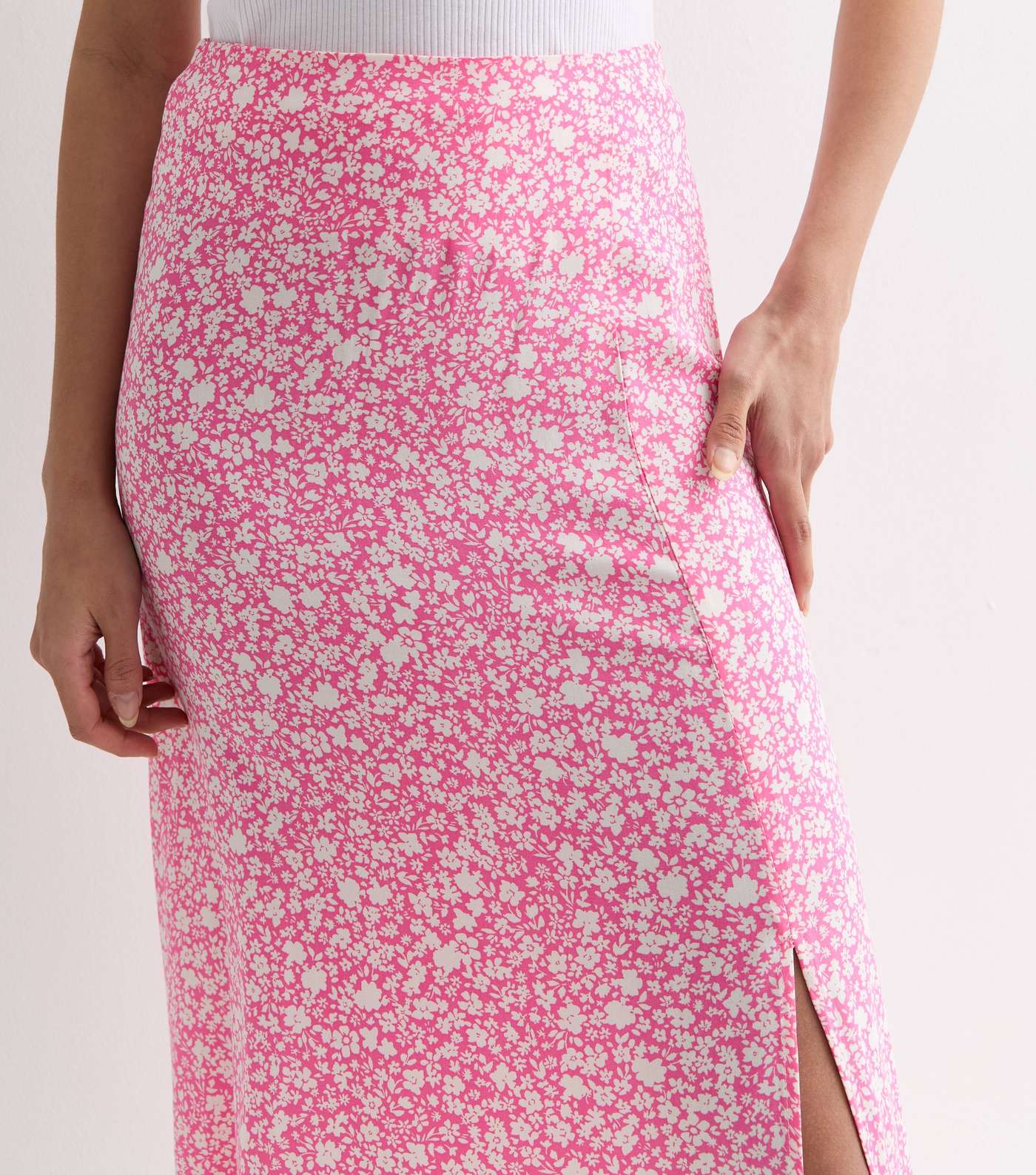 Pink Ditsy Floral Split Hem Midi Skirt Image 2
