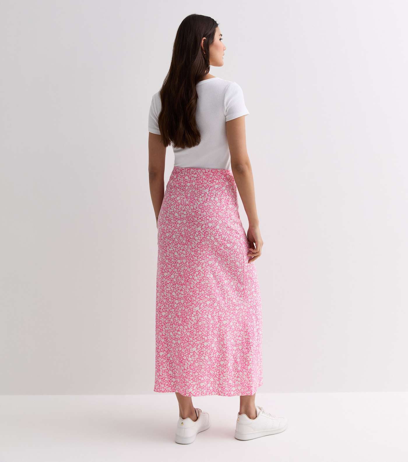 Pink Ditsy Floral Split Hem Midi Skirt Image 4