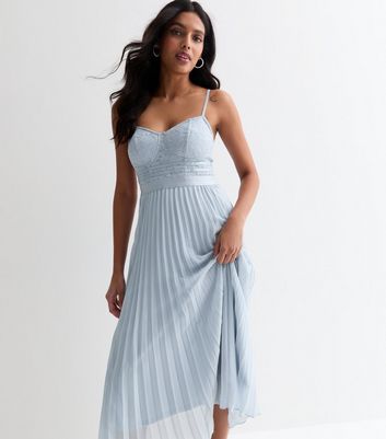 Pale Blue Lace Strappy Pleated Midi Dress | New Look