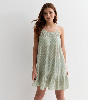 Girls Green Sun Print Strappy Tiered Mini Beach Dress New Look