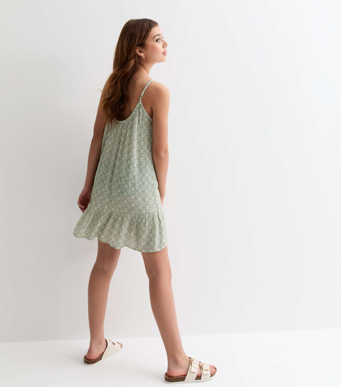 Girls Green Sun Print Strappy Tiered Mini Beach Dress Image 4