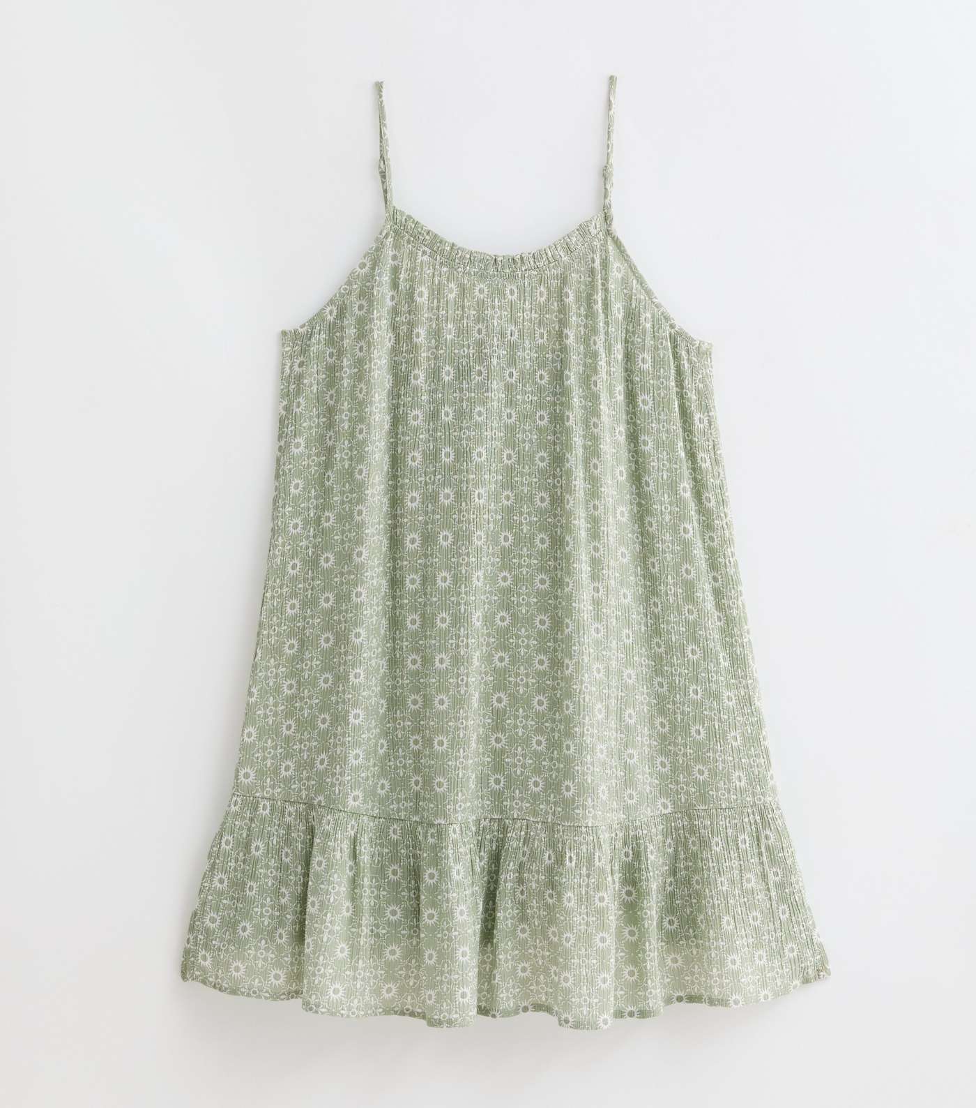 Girls Green Sun Print Strappy Tiered Mini Beach Dress Image 6