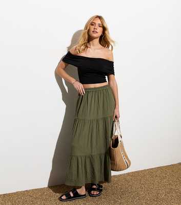 Olive Textured Tiered Midi Skirt