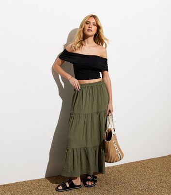Olive Textured Tiered Midi Skirt | New Look