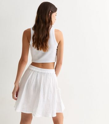 White Crinkle-Textured Cotton Mini Skirt New Look