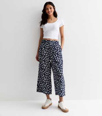 Navy Floral Wide Leg Crop Trousers