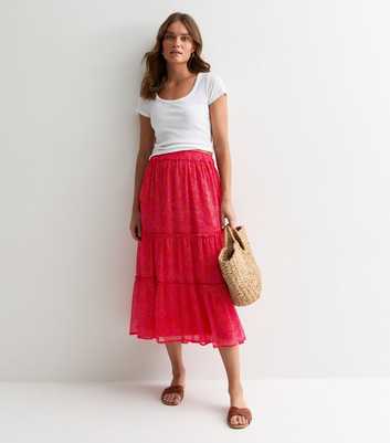 Red Floral Spot Print Tiered Midi Skirt