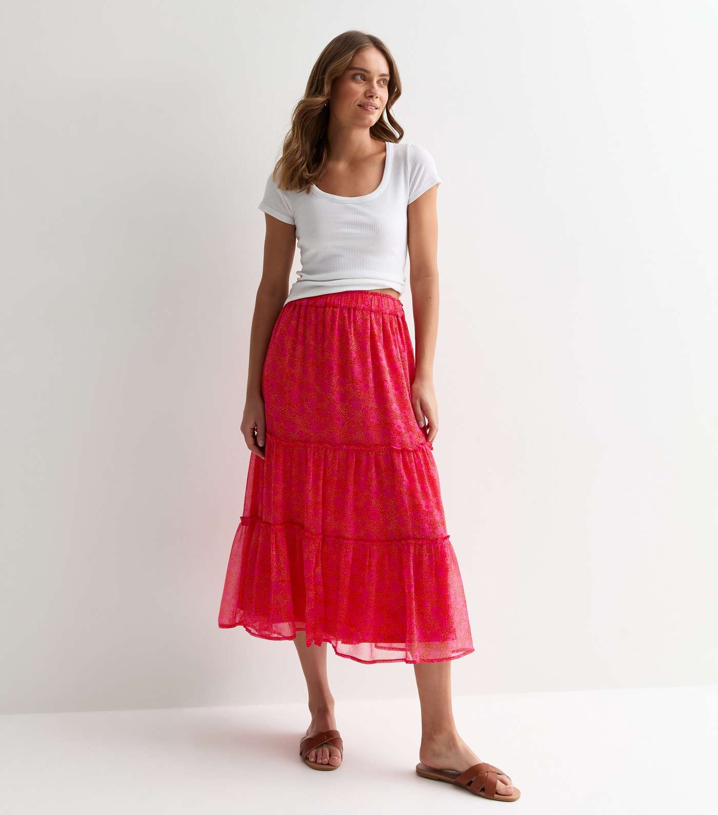 Red Floral Spot Print Tiered Midi Skirt Image 3