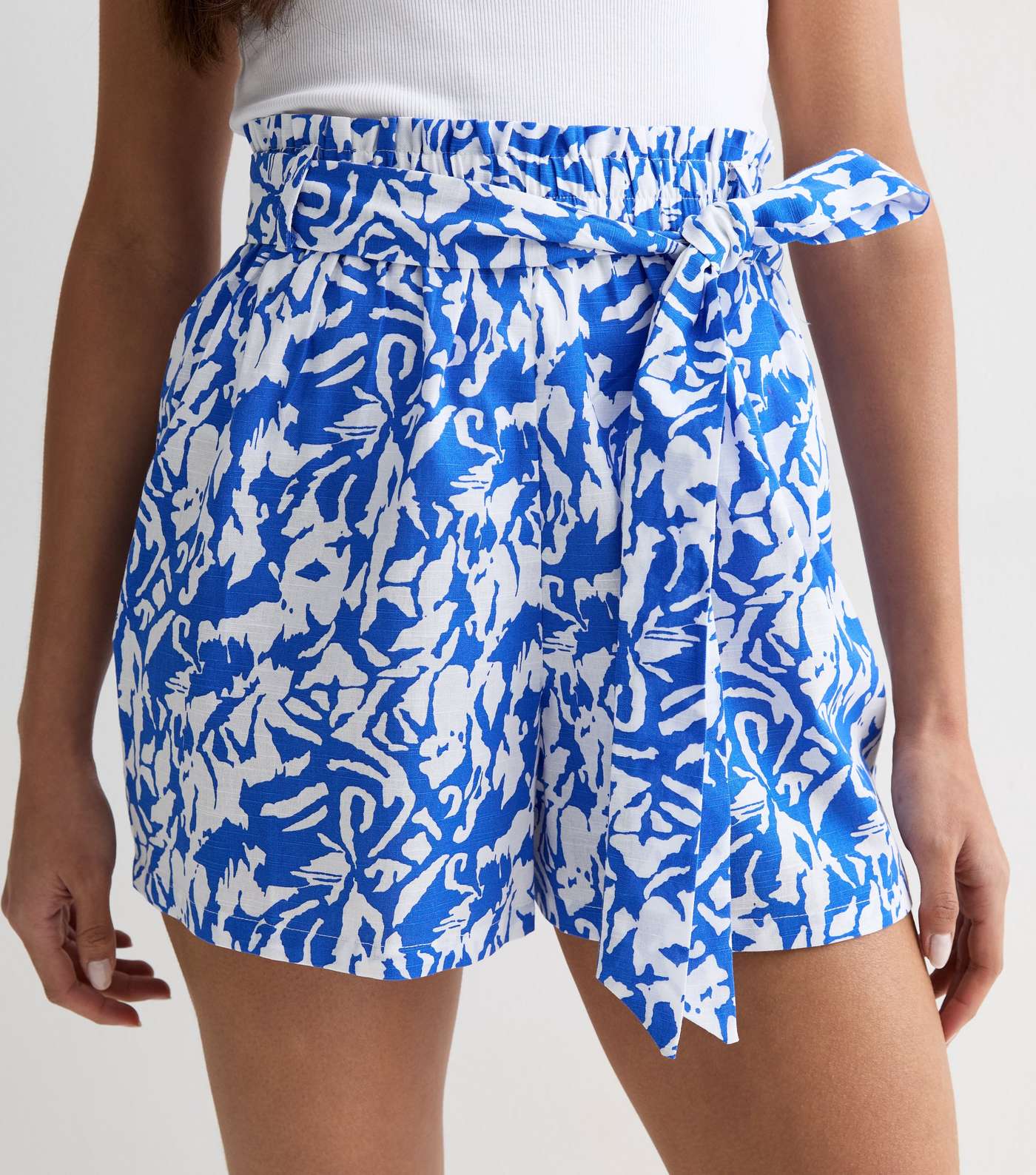 Blue Abstract Print Cotton Paperbag Shorts Image 2