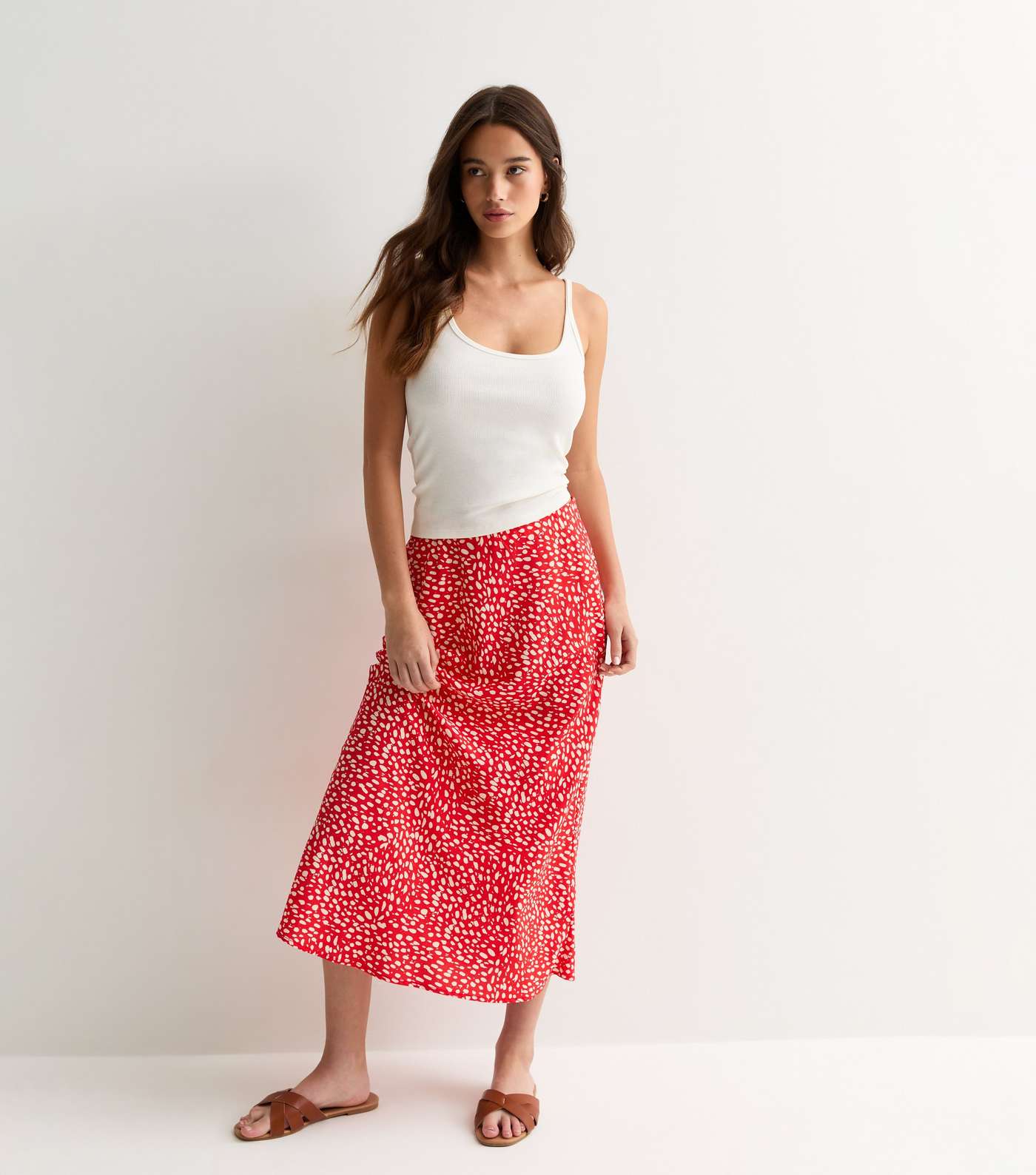 Red Patterned Bias Cut Midi Skirt Image 3