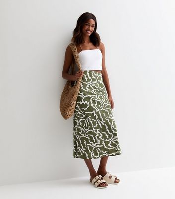 Green Patterned Bias Cut Midi Skirt New Look