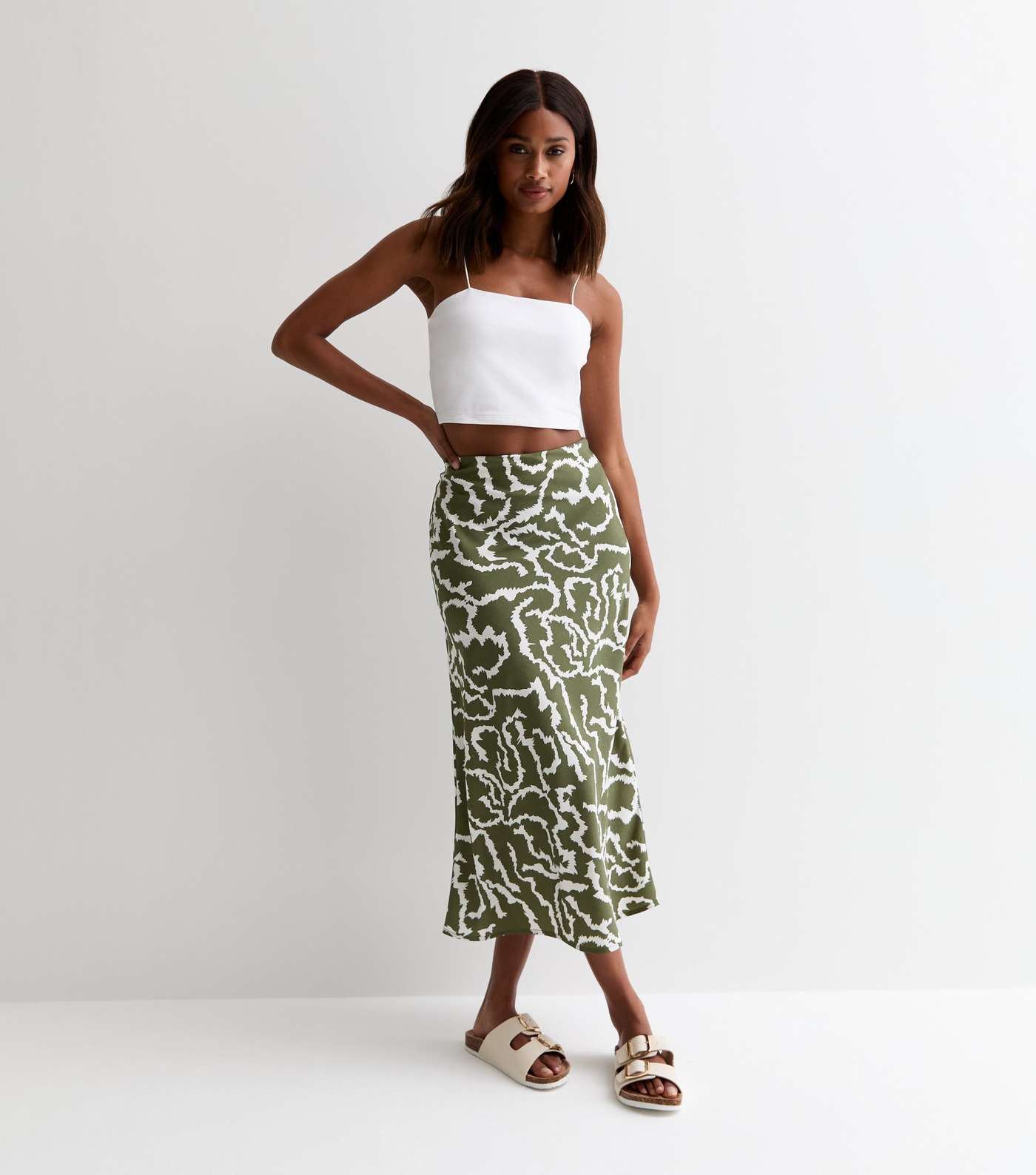 Green Patterned Bias Cut Midi Skirt Image 3