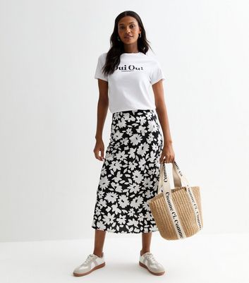 Black Bias Floral Print Midi Skirt New Look