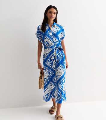 Blue Tile Print Short Sleeve Midi Shirt Dress