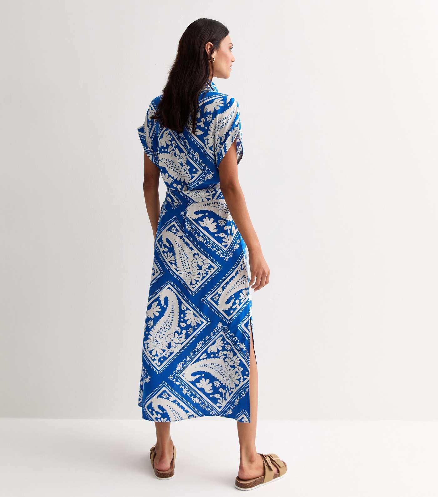 Blue Tile Print Short Sleeve Midi Shirt Dress Image 4