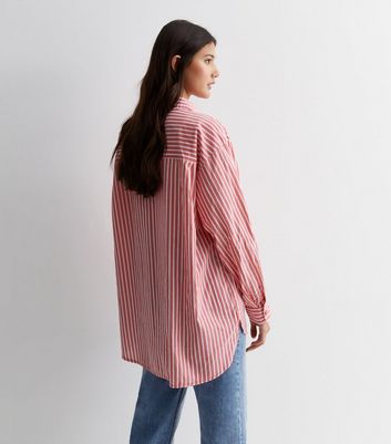 Red Stripe Poplin Cotton Long Sleeve Shirt New Look