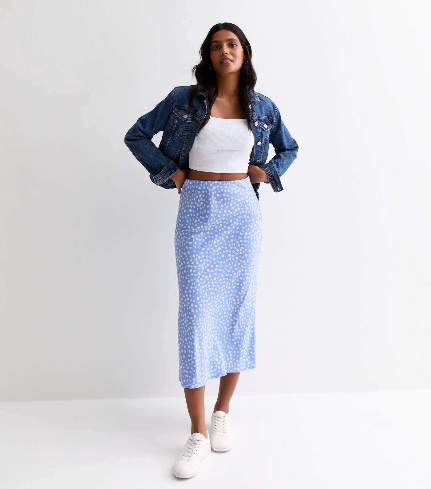 Blue Spot Print Bias Cut Midi Skirt Image 3