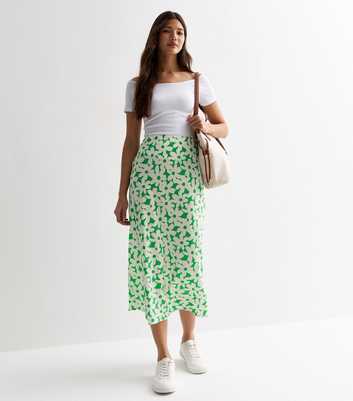 Green Retro Floral Print Bias Cut Midi Skirt