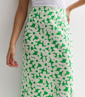 Green Retro Floral Print Bias Cut Midi Skirt New Look