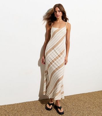 White Linen-Blend Stripe Strappy Midi Dress New Look