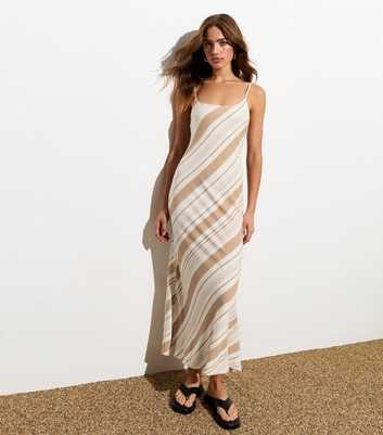White Linen-Blend Stripe Strappy Midi Dress