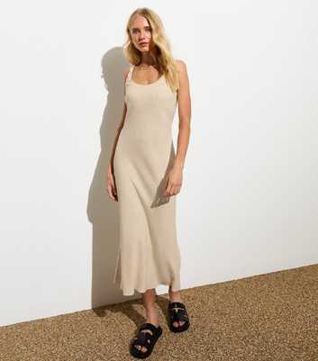 Beige Linen-Blend Sleeveless Midi Dress